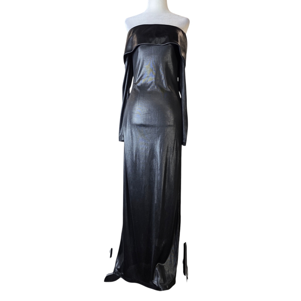 Muse by Christian Chenail long body con metallic-touch off-shoulder formal dress